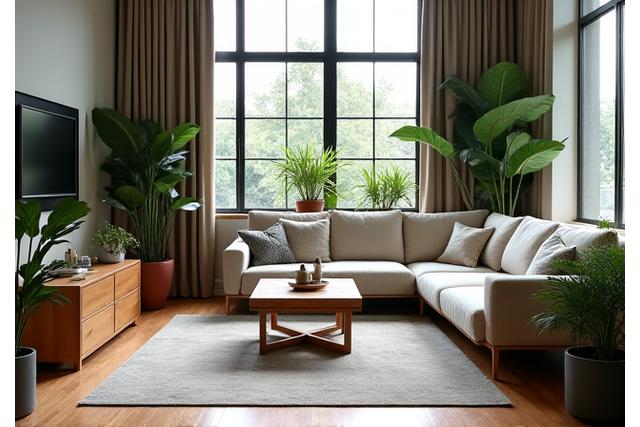 Stijlvol interieurontwerp met houten meubels en planten, illustratief voor ruimteplanning.