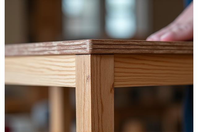 Detail van handgemaakt houten meubelstuk, tonend vakmanschap en natuurlijke nerven.