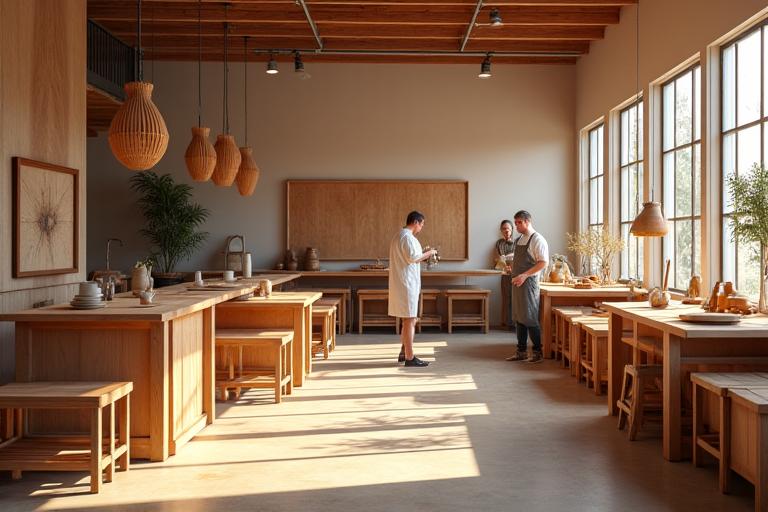 Een werkplaats van Wijsgerig Interieur met ambachtelijke meubelmakers die werken aan houten meubels, baadt in warm natuurlijk licht.