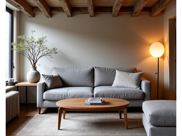 Rustieke, moderne woonkamer in een grachtenpand met houten meubels en zachte verlichting