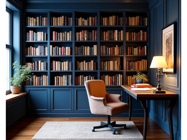 Thuiskantoor-bibliotheek met ingebouwde boekenplanken en een comfortabele leeshoek