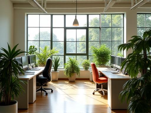 Duurzaam ingericht kantoor met veel groen en natuurlijke materialen