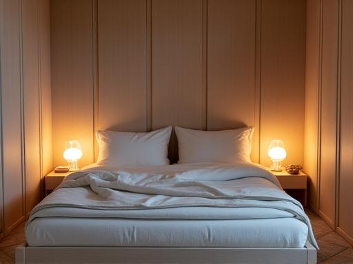 Rustgevende slaapkamer met ingebouwde kasten en zachte verlichting